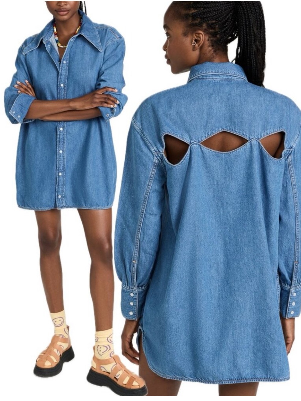 GANNI Cutout-Back Cotton-Blend Button-Up Denim Shirt Dress (Mid Blue Vintage)S/M